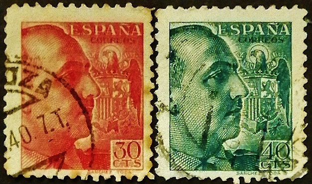 Набор почтовых марок (2 шт.). "Генерал Франко (I) "SANCHEZ TODA"". 1939 год, Испания. Набор почтовых марок (2 шт.). "Генерал Франко (I) "SANCHEZ TODA"". 1939 год, Испания.