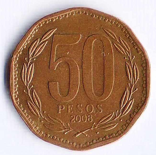 Монета 50 песо. 2008 год, Чили.