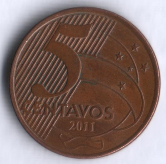 Монета 5 сентаво. 2011 год, Бразилия. Тирадентис.