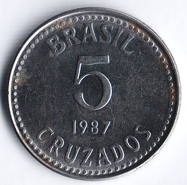 Монета 5 крузадо. 1987 год, Бразилия.