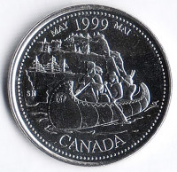 Монета 25 центов. 1999 год, Канада. Миллениум. Май - Путешествие на пироге.