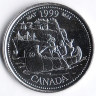Монета 25 центов. 1999 год, Канада. Миллениум. Май - Путешествие на пироге.