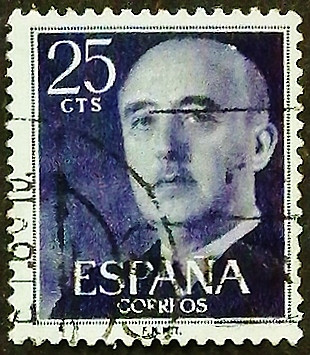 Почтовая марка (25 c.). "Генерал Франко (V)". 1955 год, Испания.