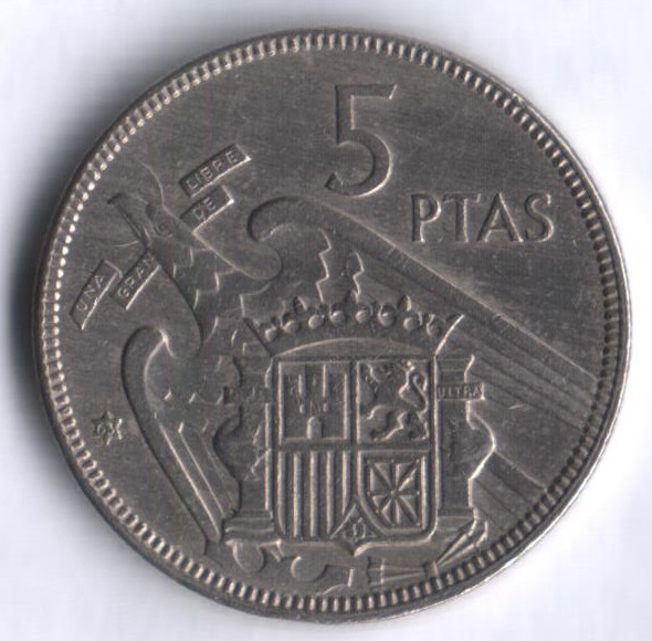 Монета 5 песет. 1957(63) год, Испания.