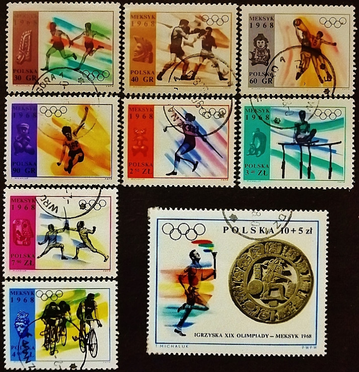 Набор почтовых марок (9 шт.). "Летние Олимпийские игры - Мехико`1968". 1968 год, Польша.