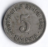 Монета 5 пфеннигов. 1906 год (D), Германская империя.