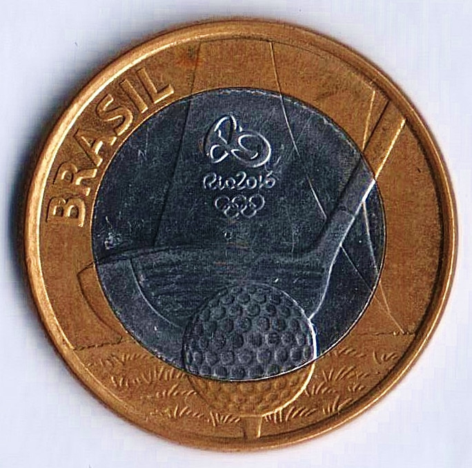 Монета 1 реал. 2014 год, Бразилия. Олимпийские Игры "Рио-2016", гольф.