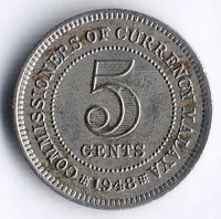 Монета 5 центов. 1948 год, Малайя.