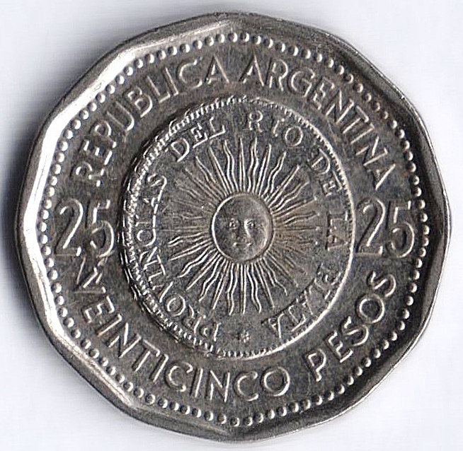 Монета 25 песо. 1964 год, Аргентина.