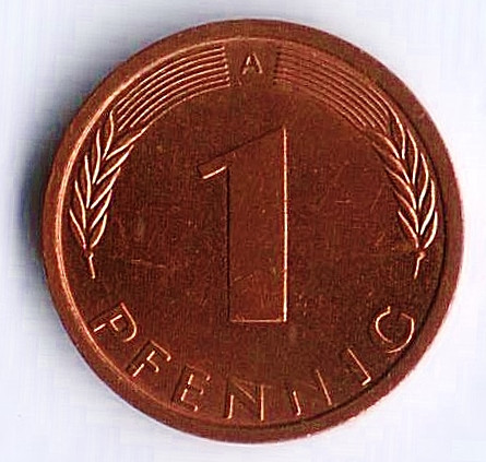 Монета 1 пфенниг. 1995(A) год, ФРГ.
