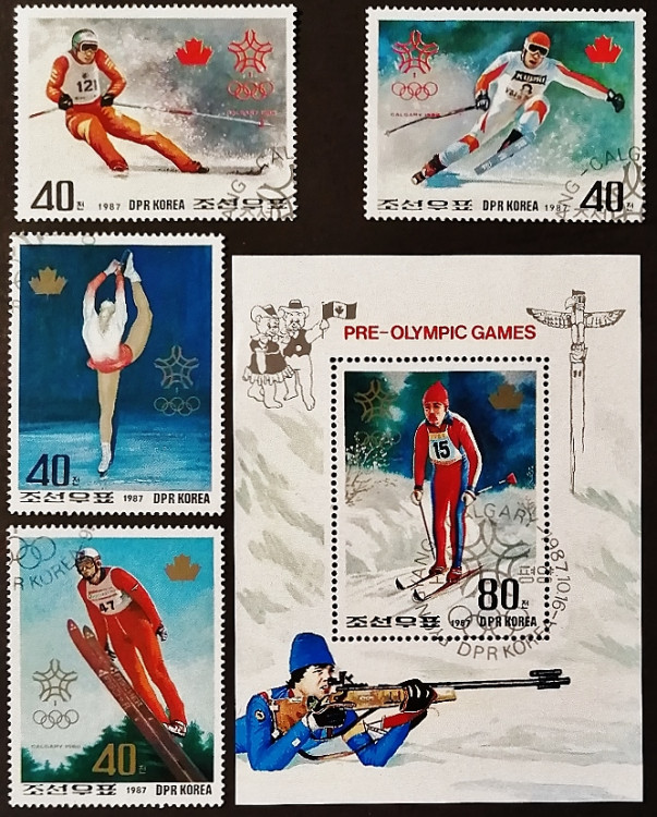 Набор почтовых марок (4 шт.) с блоком. "Зимние Олимпийские Игры - Калгари-1988". 1987 год, КНДР.