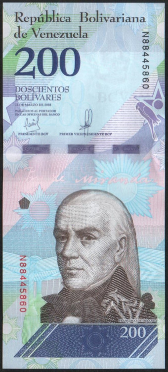 Банкнота 200 боливаров. 2018 год, Венесуэла.