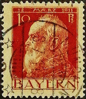 Почтовая марка (10 pf.). "90 лет со дня рождения принца-регента Луитпольда Баварского". 1911 год, Бавария.