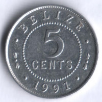 Монета 5 центов. 1991 год, Белиз.