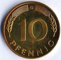 Монета 10 пфеннигов. 1980(G) год, ФРГ.