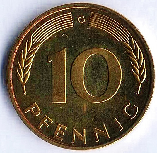 Монета 10 пфеннигов. 1980(G) год, ФРГ.