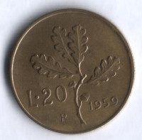 Монета 20 лир. 1959 год, Италия.