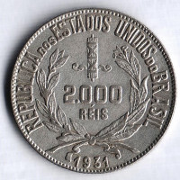 Монета 2000 рейсов. 1931 год, Бразилия.