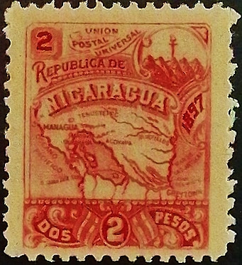 Марка почтовая (2 c.). "Карта Никарагуа". 1897 год, Никарагуа.