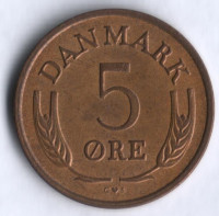 Монета 5 эре. 1967 год, Дания. С;S.