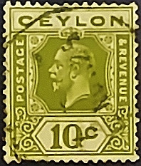 Почтовая марка (10 c.). "Король Георг V". 1912 год, Цейлон. Почтовая марка (10 c.). "Король Георг V". 1912 год, Цейлон.