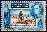Почтовая марка (6 c.). "Король Георг VI и пейзажи". 1938 год, Тринидад и Тобаго.