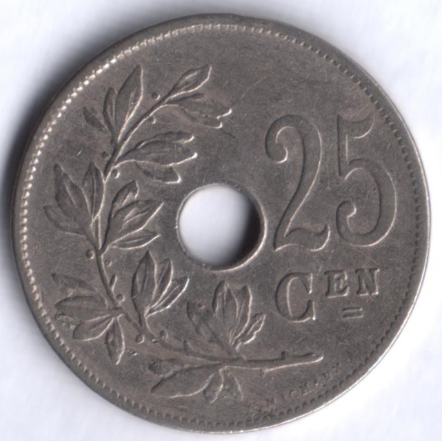 Монета 25 сантимов. 1908 год, Бельгия (Belgie).