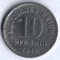 Монета 10 пфеннигов. 1916 год (A), Германская империя.