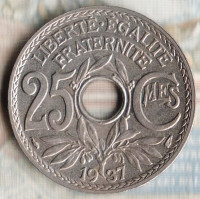 Монета 25 сантимов. 1937 год, Франция.