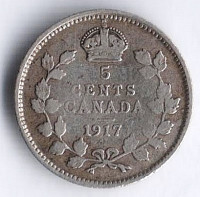 Монета 5 центов. 1917 год, Канада.