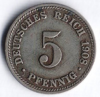 Монета 5 пфеннигов. 1908 год (D), Германская империя.