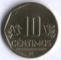 Монета 10 сентимо. 2001 год, Перу.
