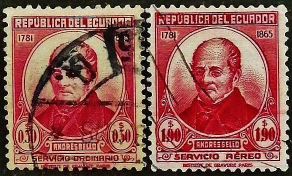 Набор почтовых марок (2 шт.). "83 года со дня смерти Андреса Бельо". 1948 год, Эквадор.