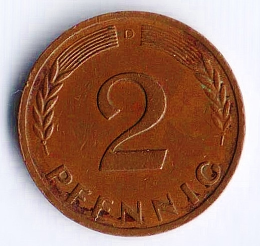 Монета 2 пфеннига. 1964(D) год, ФРГ.