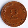 Монета 2 пфеннига. 1964(D) год, ФРГ.