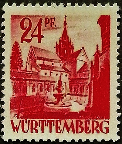 Марка почтовая (24 pf.). "Аббатство Бебенхаузен". 1947 год, Германия (Французская оккупация Вюрттенберга).
