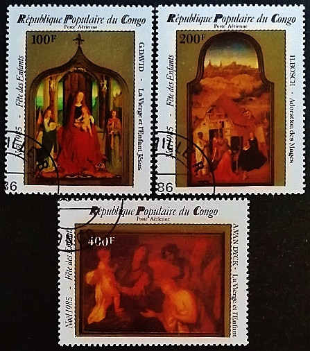 Набор почтовых марок (3 шт.). "Рождество`1985". 1985 год, Республика Конго.