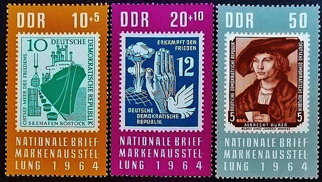 Набор марок (3 шт.). "Национальная выставка марок". 1964 год, ГДР.