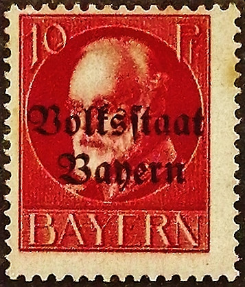 Марка почтовая (10 pf.). "Король Людвиг III ("Volksstaat")". 1919 год, Бавария.
