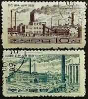 Набор почтовых марок (2 шт.). "Фабрики химических волокон". 1964 год, КНДР.