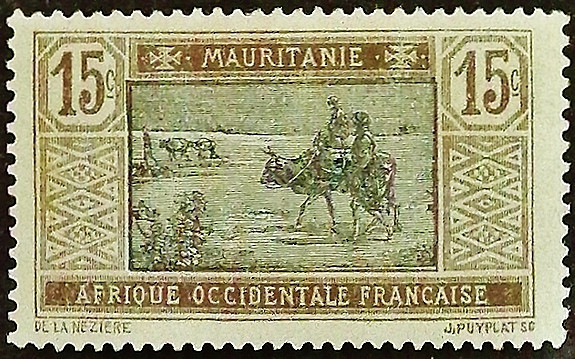 Марка почтовая (15 c.). "Пересечение пустыни". 1917 год, Мавритания.