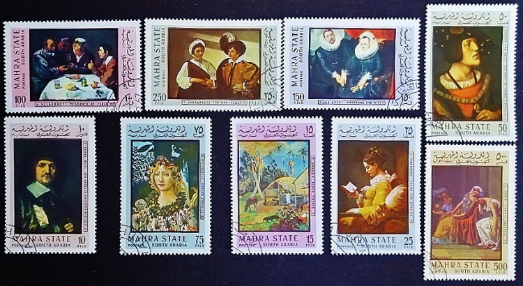 Набор марок (9 шт.) с блоком. "Картины великих мастеров". 1967 год, Махра.