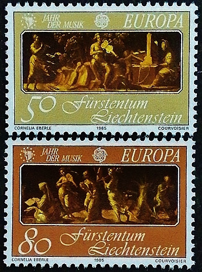 Набор марок (2 шт.). "Европа (C.E.P.T.) - Европейский год музыки". 1985 год, Лихтенштейн. Набор марок (2 шт.). "Европа (C.E.P.T.) - Европейский год музыки". 1985 год, Лихтенштейн.