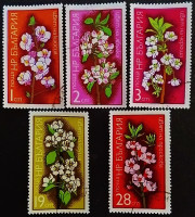 Набор почтовых марок (5 шт.). "Цветение плодовых деревьев". 1975 год, Болгария. Набор почтовых марок (5 шт.). "Цветение плодовых деревьев". 1975 год, Болгария.