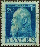Почтовая марка (20 pf.). "90 лет со дня рождения принца-регента Луитпольда Баварского". 1911 год, Бавария.