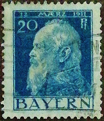 Почтовая марка (20 pf.). "90 лет со дня рождения принца-регента Луитпольда Баварского". 1911 год, Бавария. Почтовая марка (20 pf.). "90 лет со дня рождения принца-регента Луитпольда Баварского". 1911 год, Бавария.