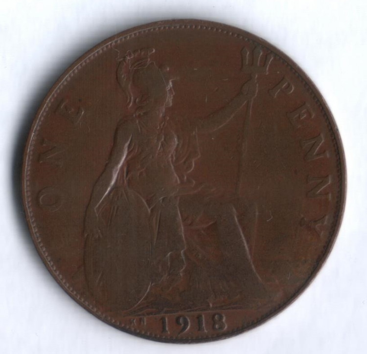 Монета 1 пенни. 1918 "KN" год, Великобритания.