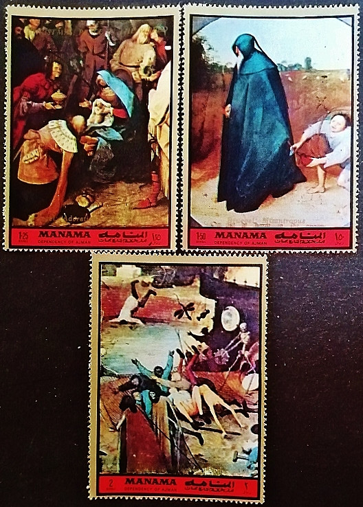 Набор марок (3 шт.). "Картины Питера Брейгеля (ст.)  ". 1972 год, Манама.