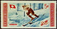 Марка почтовая. "Мадлен Берто - горнолыжный спорт". 1958 год, Доминиканская Республика.