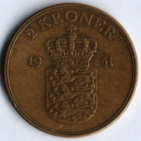 Монета 2 кроны. 1951 год, Дания. N;S.